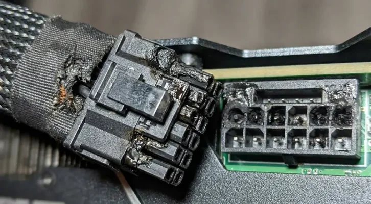Stop the Melting: MSI’s 2026 RTX 5090 Protection & Safety Fix Revealed 2 Close-up of a melted and burnt 12V-2x6 power connector on a high-end graphics card causing a fire hazard.