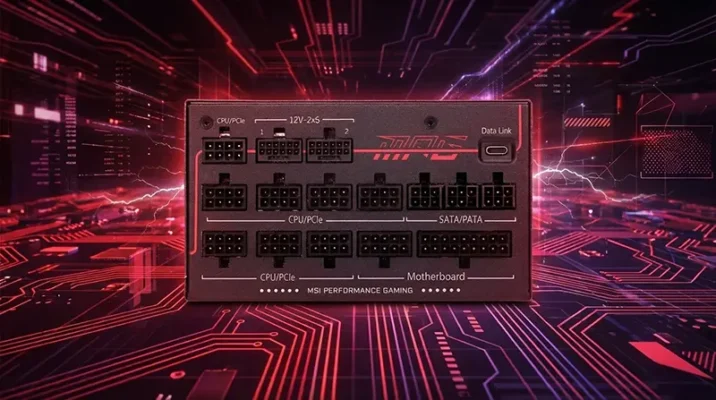 Stop the Melting: MSI’s 2026 RTX 5090 Protection & Safety Fix Revealed 5 Rear panel of MSI MPG Ai1600TS power supply showing modular ports including the colored 12V-2x6 and USB-C data port.