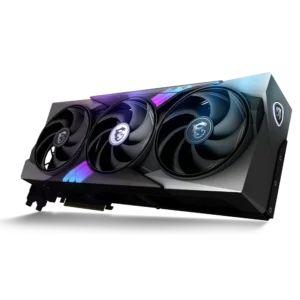 Angled perspective of the MSI GeForce RTX 5090 Gaming Trio OC highlighting the Mystic Light RGB zones and thick heatsink.