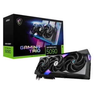 MSI GeForce RTX 5090 Gaming Trio OC graphics card displayed next to its retail packaging box.