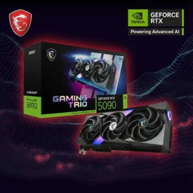 MSI GeForce RTX 5090 Gaming Trio OC graphics card and packaging displayed with a premium red gaming glow background.