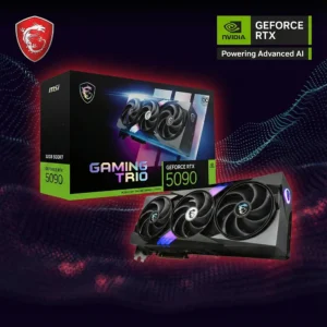 MSI GeForce RTX 5090 Gaming Trio OC graphics card and packaging displayed with a premium red gaming glow background.