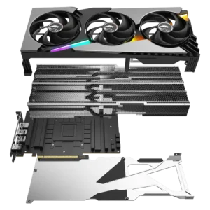 Exploded view of the MSI GeForce RTX 5090 Vanguard SOC showing the separated fan shroud, massive heatsink, custom PCB, and metal backplate.