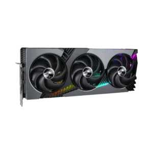 Complete front view of the MSI GeForce RTX 5090 Vanguard SOC showing the full triple-fan array and the side I/O mounting bracket.