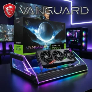 MSI GeForce RTX 5090 Vanguard SOC graphics card displayed on a custom RGB stand next to its retail packaging box.