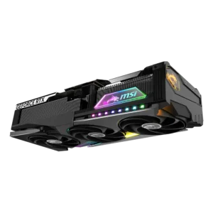 Side profile of the MSI GeForce RTX 5090 Vanguard SOC showing the thick heatsink stack and illuminated MSI RGB logo.
