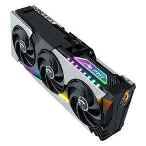 Isometric view of the MSI GeForce RTX 5090 Vanguard SOC from above, showing the full length of the card and the fin stack.