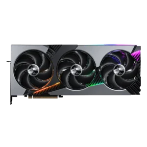 Direct front face of the MSI GeForce RTX 5090 Vanguard SOC showing the three cooling fans with MSI dragon center caps.