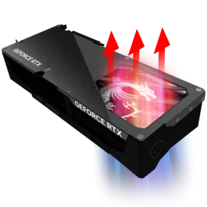 Diagram showing upward airflow direction through the MSI RTX 5090 heatsink and backplate vents.