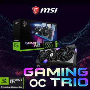 Promotional marketing image for MSI GeForce RTX 5090 Gaming Trio OC with neon text and graphical background.