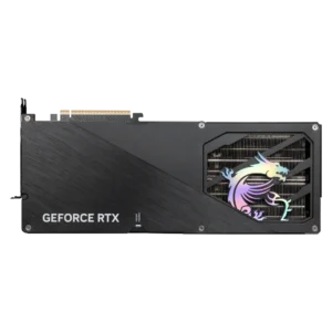 Brushed metal backplate of the MSI RTX 5090 Gaming Trio OC featuring the MSI Dragon logo and airflow pass-through vent.