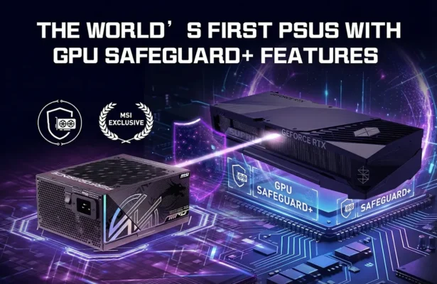 MSI MPG Ai1600TS power supply next to RTX 5090 graphics card featuring instant protection technology against melting cables.