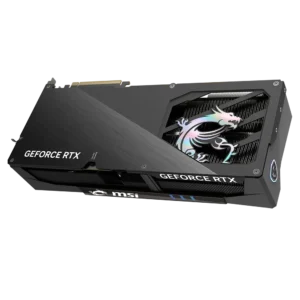 Rear angled shot of the MSI RTX 5090 Gaming Trio OC focusing on the RGB MSI Dragon logo on the backplate.