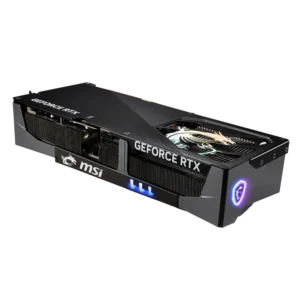 Side profile of MSI RTX 5090 showing the illuminated MSI logo, GeForce RTX text, and the 12V-2x6 power connector.