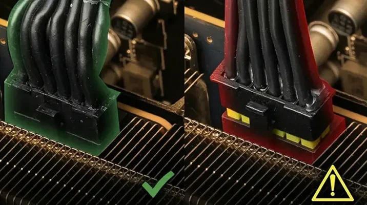 Stop the Melting: MSI’s 2026 RTX 5090 Protection & Safety Fix Revealed 3 MSI yellow-tipped 12V-2x6 safety cable partially unplugged to show the visual warning indicator.