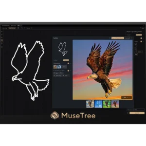 MuseTree AI software interface generating an eagle image, powered by ASUS Prime RTX 5070 Ti.