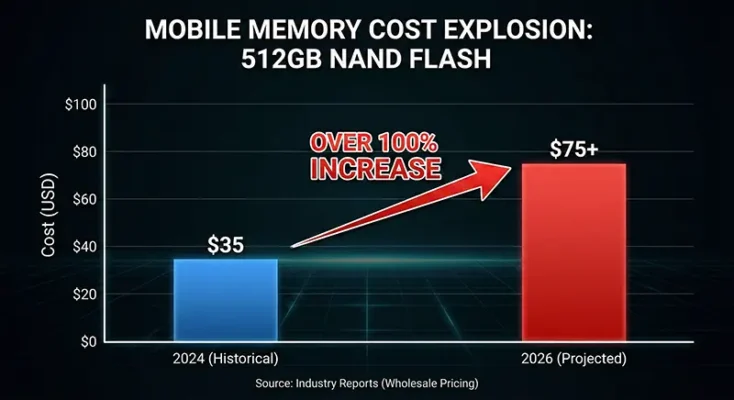 Bar chart showing a 100% price increase in NAND Flash and Mobile DRAM memory chips between 2024 and 2026.
