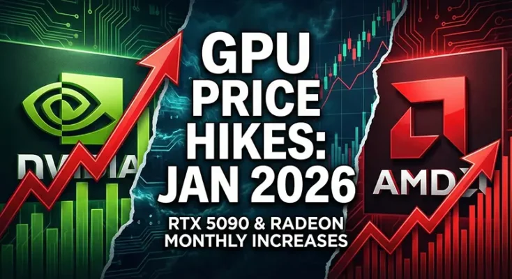 NVIDIA and AMD logos with a red upward trend arrow and stock charts, symbolizing the NVIDIA AMD GPU Price Hikes of January 2026.
