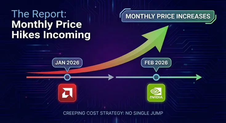 Infographic showing the timeline of NVIDIA AMD GPU Price Hikes: AMD starting in January 2026 and NVIDIA following in February 2026.