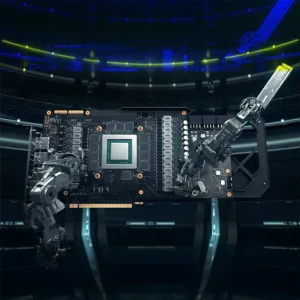 Illustration of robotic arms assembling the PCB of the ASUS Prime RTX 5070 Ti, highlighting the central GPU chip powered by NVIDIA Blackwell Architecture.