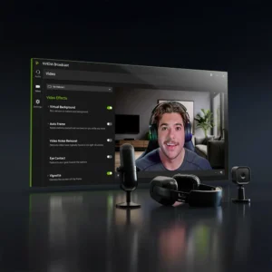 NVIDIA Broadcast application interface showing virtual background and noise removal settings on a desktop.