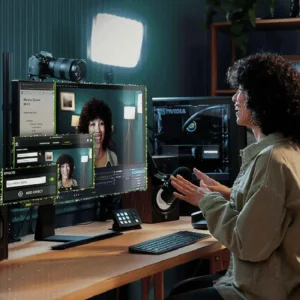 Streamer using NVIDIA Broadcast app with RTX 5090 for AI noise removal and background effects.