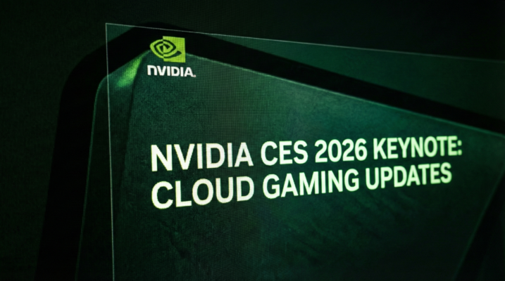 NVIDIA presentation stage at CES 2026 announcing upcoming native Linux client for GeForce NOW