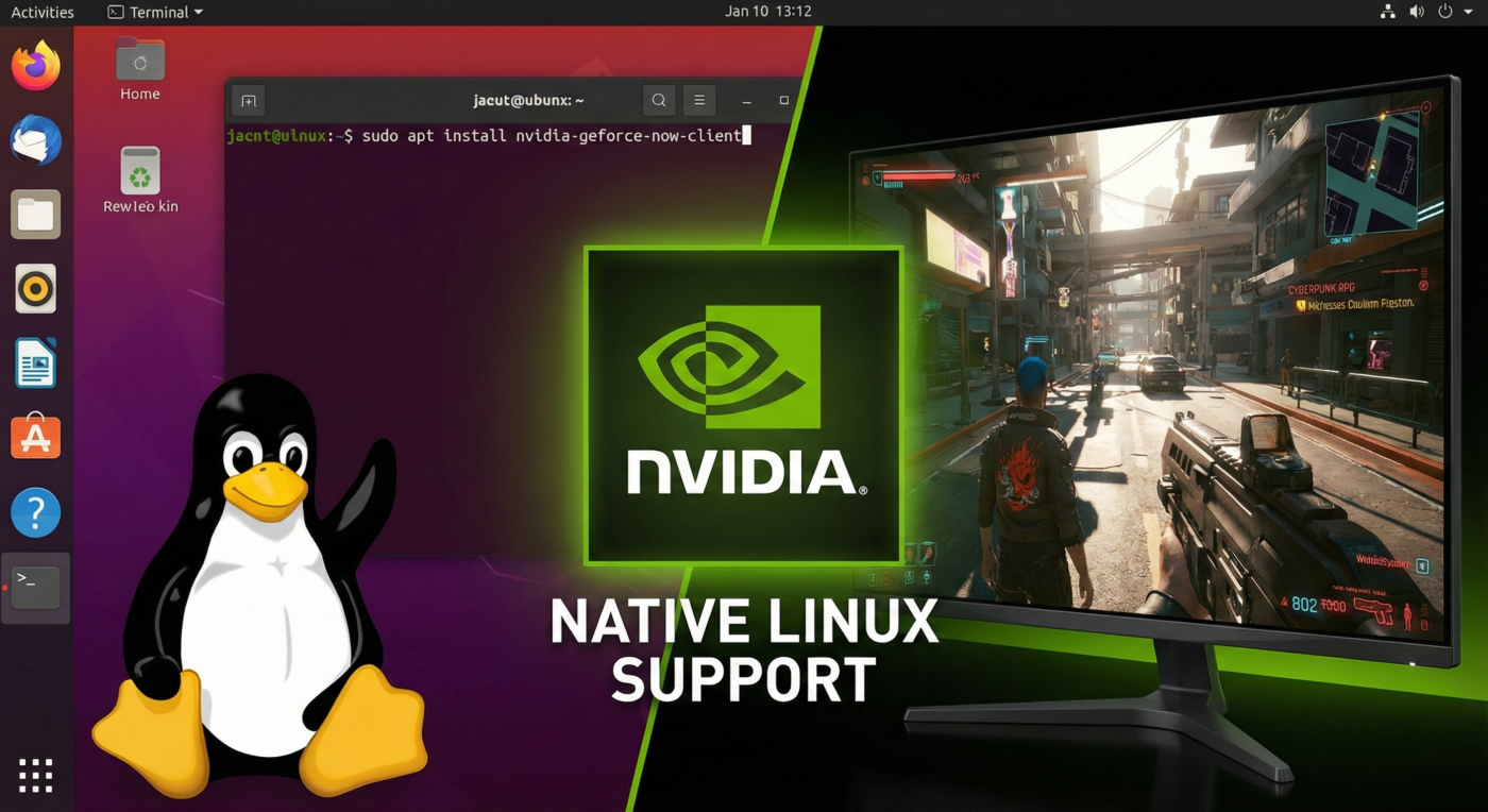 NVIDIA GeForce NOW logo next to Linux Tux penguin mascot on a split background showing a desktop and game