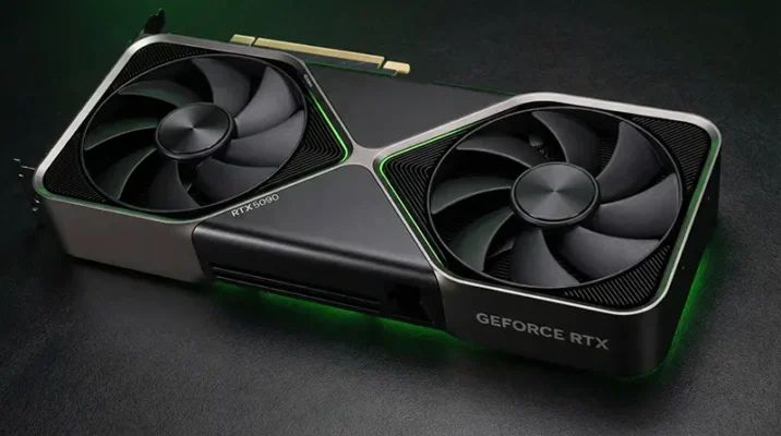 render of the NVIDIA GeForce RTX 5090 graphics card featuring a massive cooling solution and sleek metal finish.
