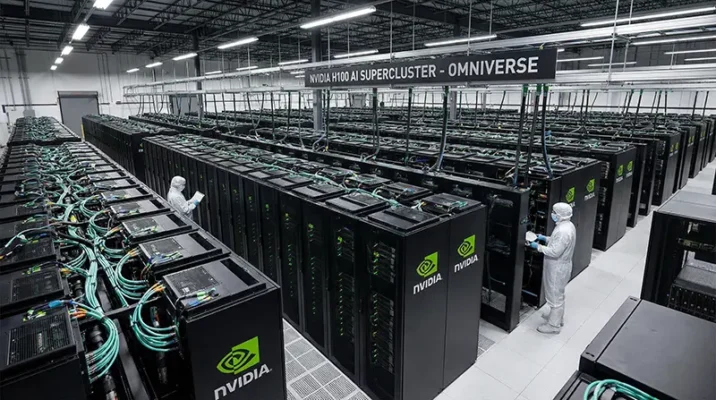 Rows of NVIDIA H100 GPU servers in a data center used for training AI models like ChatGPT 5.