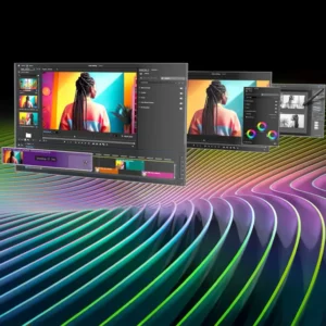 Video editing timeline interface demonstrating accelerated rendering performance on NVIDIA Studio drivers.