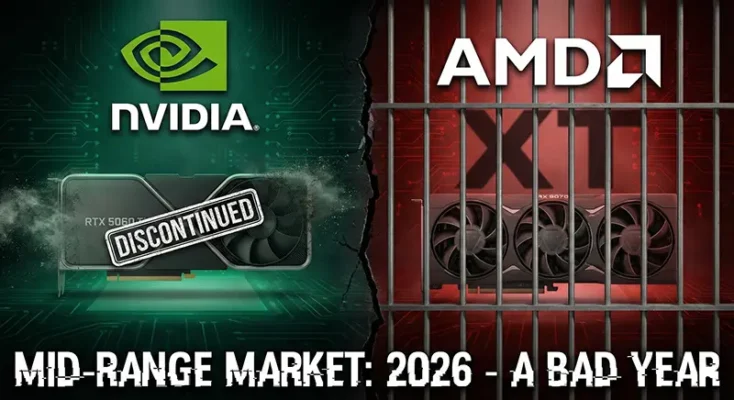 NVIDIA and AMD logos behind jail bars with the RX 9070 and RTX 5060 Ti, representing the death of the mid-range GPU market.