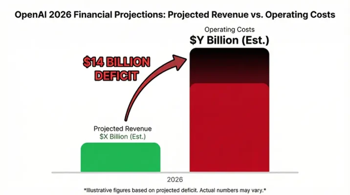 Bar chart infographic comparing OpenAI's 2026 revenue against its projected $14 billion operating loss.
