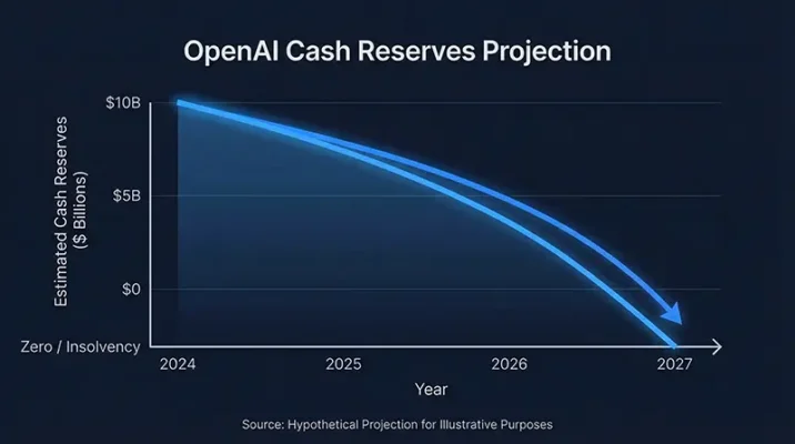 Line graph showing OpenAI cash reserves dropping to zero by 2027, indicating bankruptcy risk.