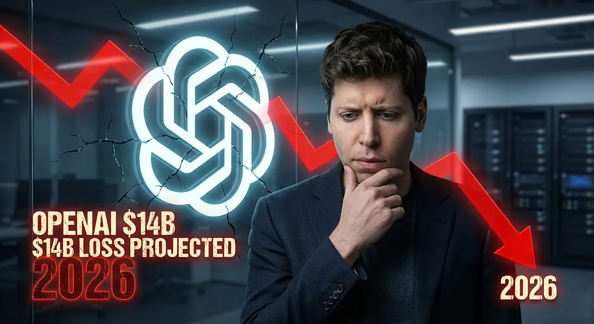 OpenAI Financial News 2026. Sam Altman looking concerned next to a glowing OpenAI logo with cracks and a red downward trend arrow showing a $14 billion loss in 2026.