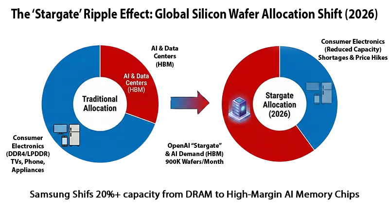 Chart showing OpenAI Stargate project consuming 40% of Samsung silicon wafer capacity
