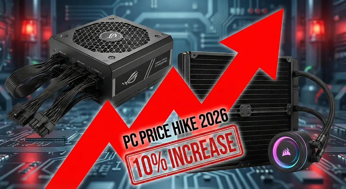 PC Price Hike 2026 warning graphic showing gaming power supply and liquid cooler with rising red price chart