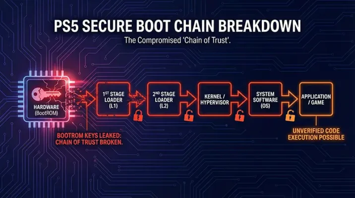 Diagram illustrating the PlayStation 5 secure boot chain and how the leaked BootROM keys compromise the system's "Chain of Trust."