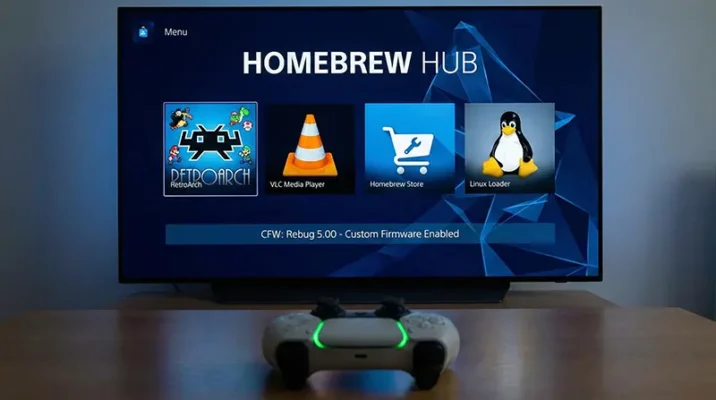A mockup of a PlayStation 5 user interface displaying unauthorized Homebrew applications and a Custom Firmware (CFW) loader.