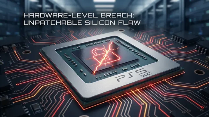 Artistic rendering of the PS5 processor chip glowing with a digital "unlocked" symbol, representing the physical nature of the vulnerability.