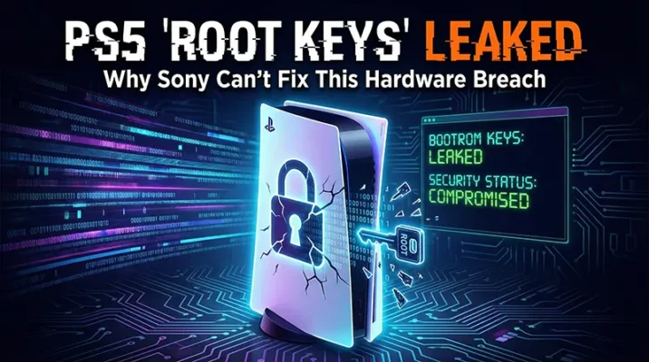 PS5 Jailbreak . A dramatic illustration of a PlayStation 5 console with a shattered digital lock, symbolizing the massive root keys leak and hardware breach.