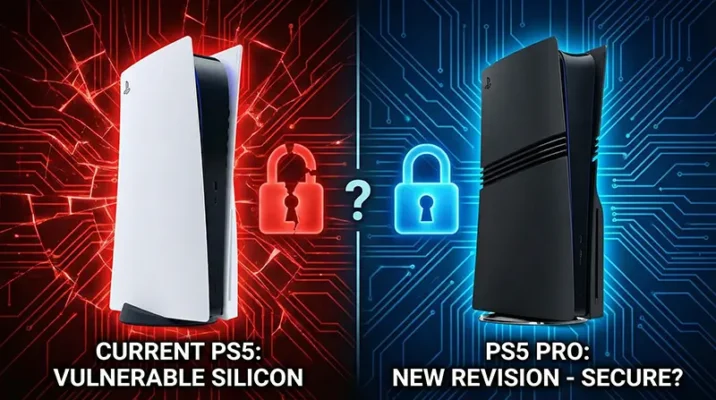 Split visual comparing the standard PlayStation 5 against the silhouette of a PS5 Pro, highlighting potential security architecture changes.