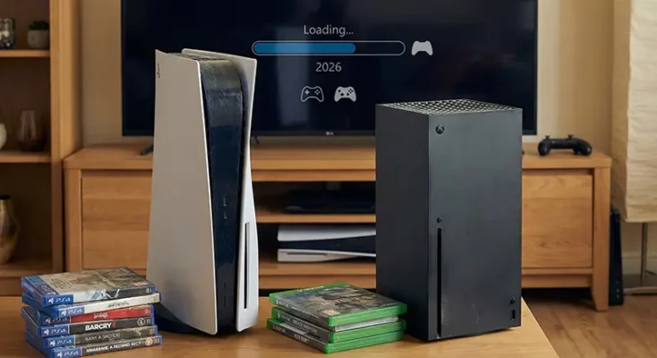 A visual comparison of "Next-Gen" expectations versus reality, symbolizing the extended lifecycle of PS5 and Xbox Series X consoles.
