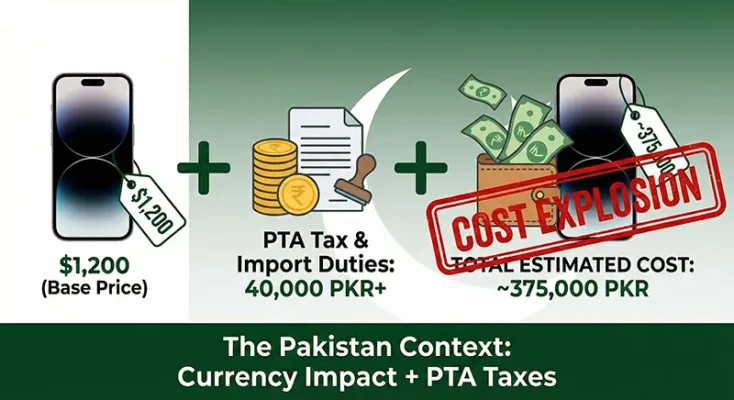 Infographic breaking down the cost of a smartphone in Pakistan, including the base price hike, import duties, and PTA tax.