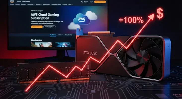 Rising computer hardware prices chart overlaying an RTX 5090 graphics card and RAM sticks