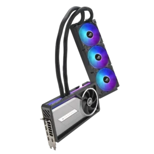 Angled view of the NVIDIA GeForce RTX 5090 AI card connected to its liquid cooled 240mm radiator via braided tubing on a white background.
