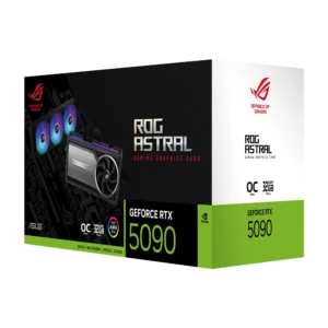 Angled view of the ROG Astral LC RTX 5090 retail packaging box showing the GeForce RTX 5090 logo and product branding.