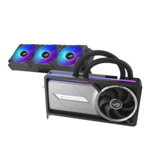 Front angled view of the ROG Astral LC RTX 5090, a high end gaming PC video card, showing the blower fan, metallic shroud, and connected AIO radiator.