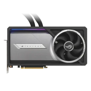 Direct front view of the ROG Astral LC RTX 5090 card shroud, featuring the silver Astral logo plate and the onboard hybrid blower fan.