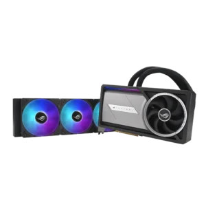 Horizontal layout showing the ROG Astral LC RTX 5090 card alongside its 360mm radiator with three ARGB fans illuminated with rainbow lighting.